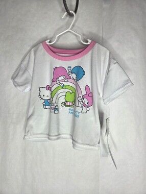 Sanrio White Tee with Pink Trim and Multicolor Character Graphic